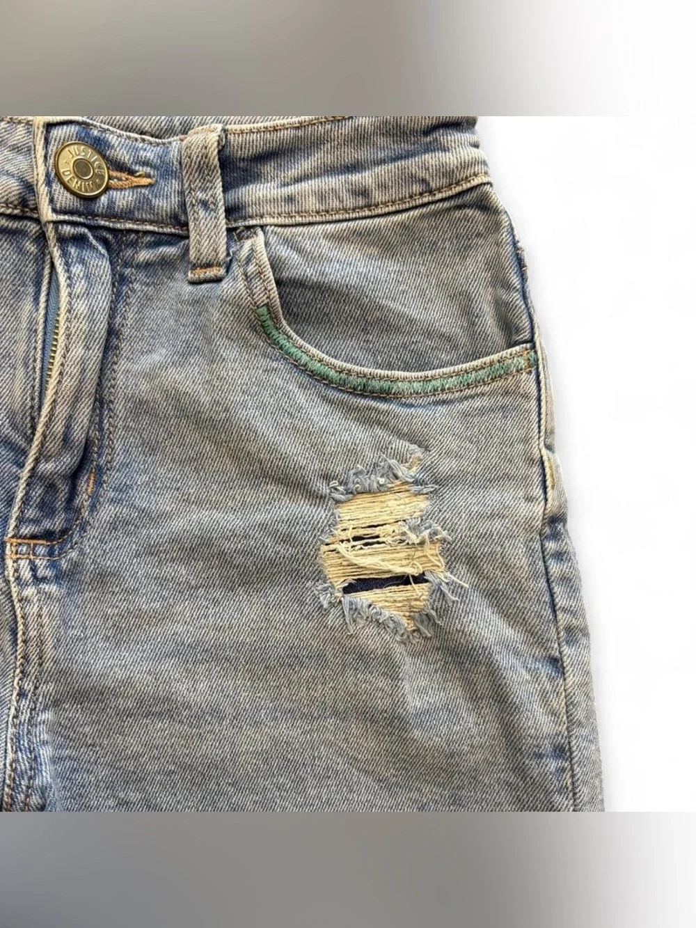 💜$5 BUNDLED- Justice Light Blue Distressed Denim Shorts with Color Stitching